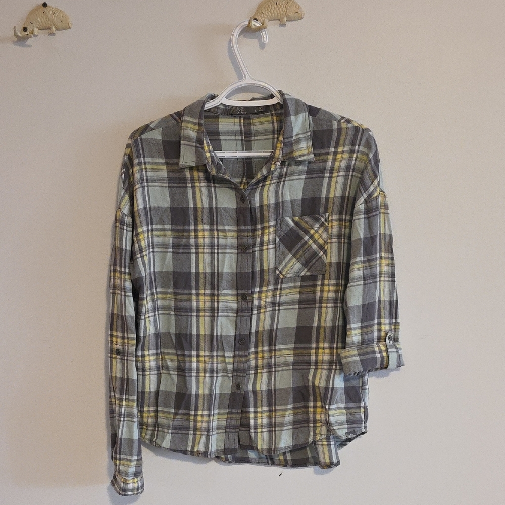 Prana Womens Casual Gray and Yellow Plaid Shirt